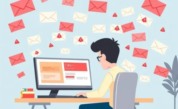 A cartoon person examining suspicious emails on a computer screen