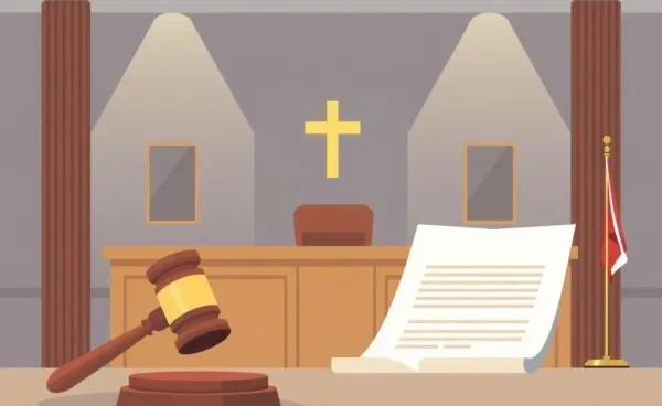 A serene courtroom scene with a gavel and a legal document
