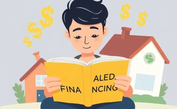 Person reading about delayed financing with dollar signs and a house around them