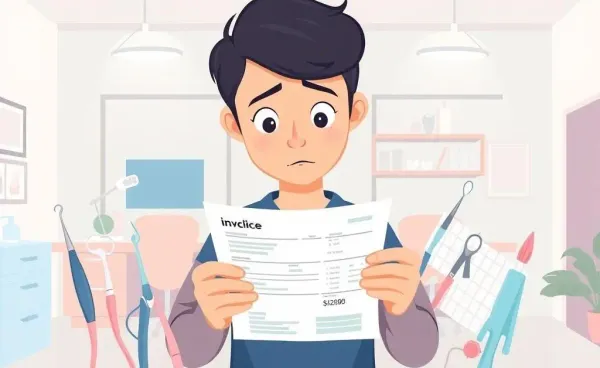 An illustration of a person contemplating a dental bill surrounded by dental tools.
