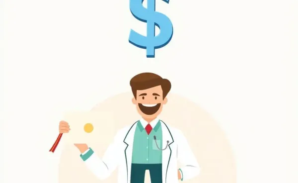 A dentist holding a diploma with a large, looming dollar sign above.
