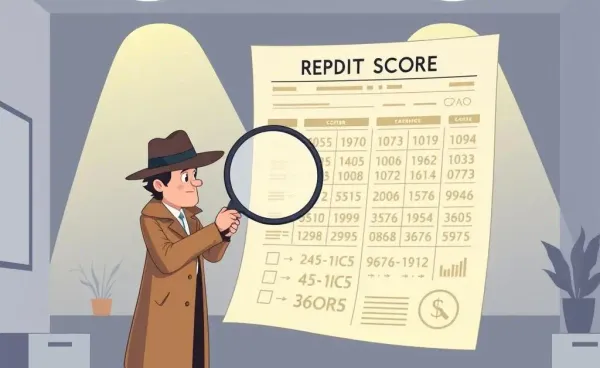 Detective examining a credit score document with a magnifying glass