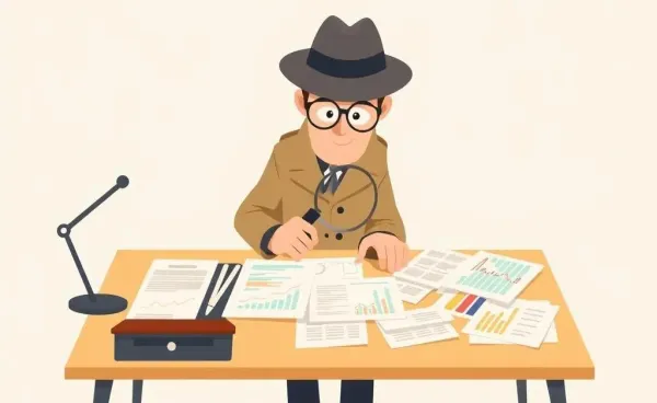 Cartoon detective investigating cost basis on a desk
