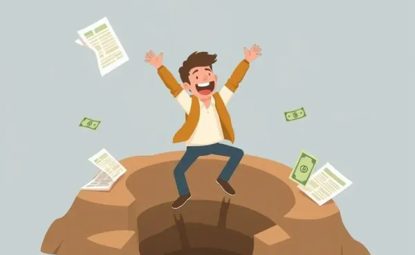 Person joyfully climbing out of a metaphorical hole of debt.