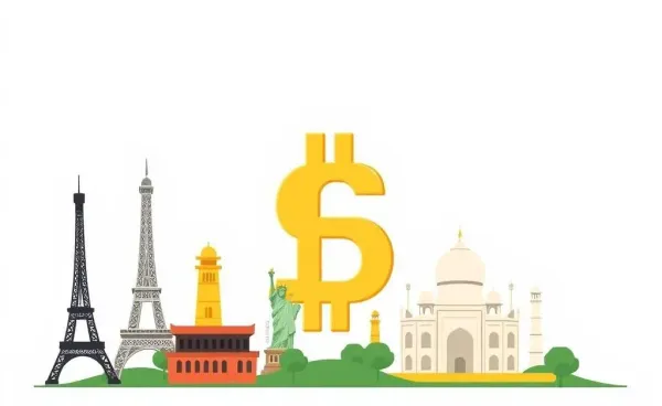 Illustration of a digital currency symbol with global landmarks