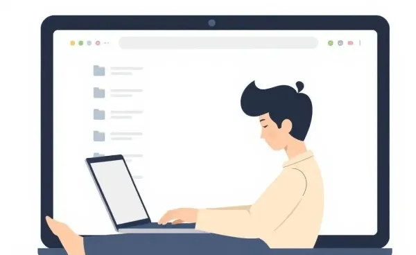 A person peacefully managing digital files on a laptop with a clean, organized screen
