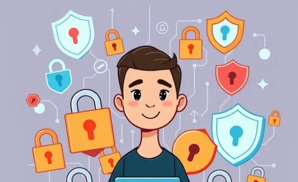 A person shadowed by security icons representing digital safety