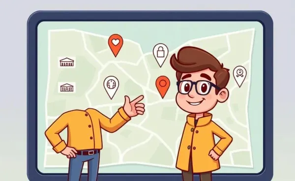 Digital guide pointing to a map with loan-related icons
