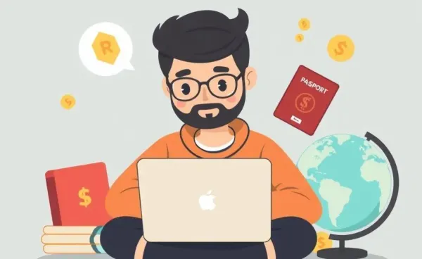 Digital nomad with laptop, passport, and globe for tax guide