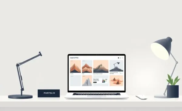 A minimalist desk setup with an open laptop displaying a digital portfolio