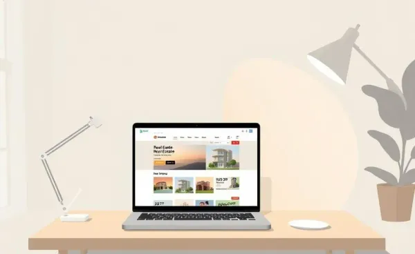 Illustration of a cozy home office desk with a laptop showing a real estate website.