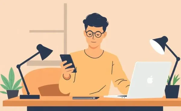 A person using a smartphone and laptop at a desk.