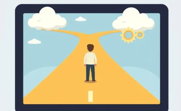 Person pondering a fork in a digital roadmap with symbols of change