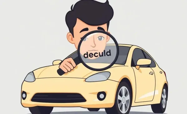 A person examining a car with a magnifying glass, symbolizing diminished value