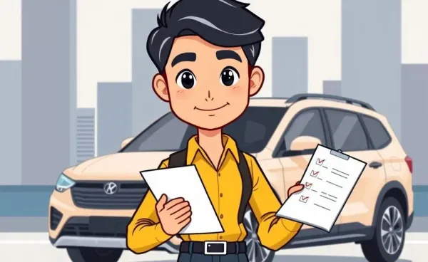 Person holding a checklist with a car in the background