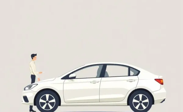 A cartoon illustration of a person examining a car for value assessment