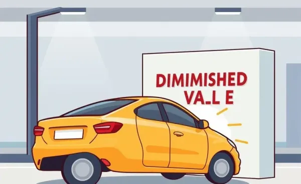 A car hitting a wall labeled 'diminished value'