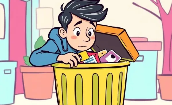 A person finding prepaid credit cards in a garbage bin with a surprised expression.