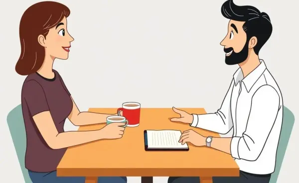 Two friends discussing health insurance over coffee with a notebook on the table