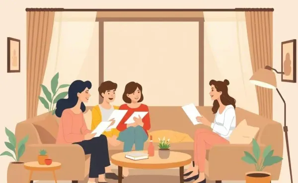 A group of people comfortably discussing insurance documents in a living room.