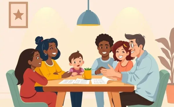 A family discussing insurance policies with a financial advisor at a table.