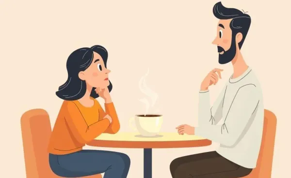 Two people thoughtfully discussing life choices over coffee.