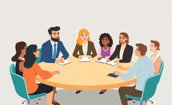 A group of professionals discussing pay transparency at a round table