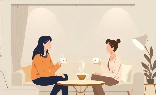 Two people having a deep conversation over tea in a cozy living room