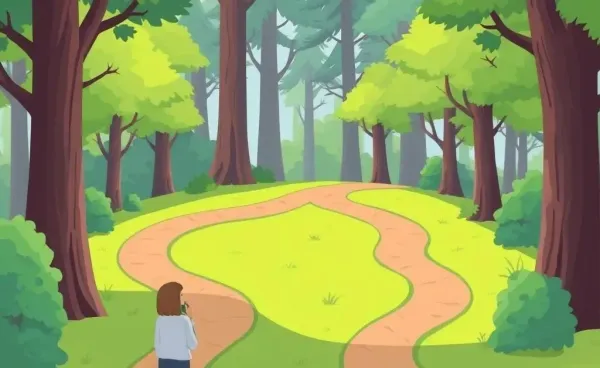 Person choosing between multiple career paths in a forest setting.
