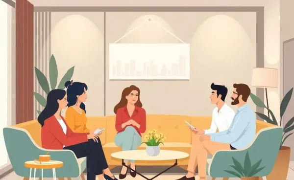 A diverse group of people discussing life insurance at a modern office