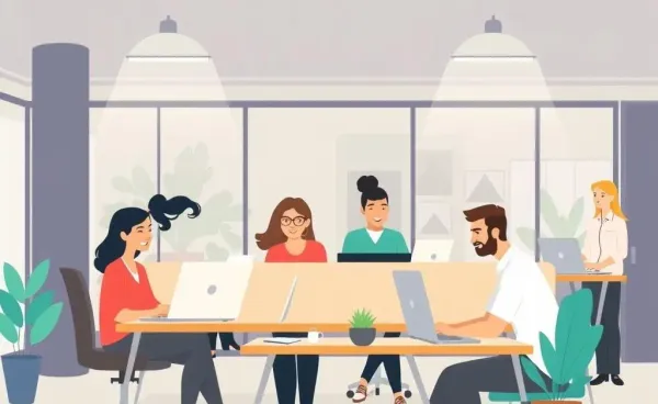 Illustration of diverse employees working together in an open office.