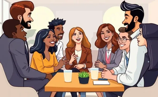 A group of professionals networking over coffee in a cartoon style