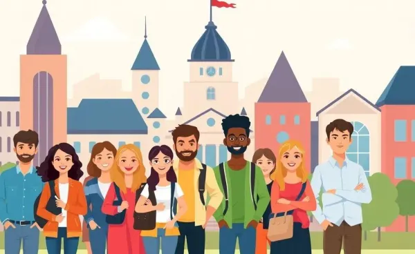 Illustration of diverse students in front of different university campuses
