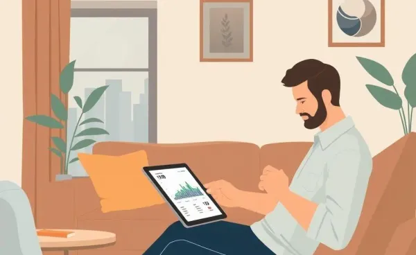 Person reviewing diversified portfolio in a cozy living room.