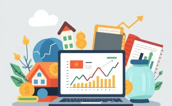 Cartoon of a diversified stock portfolio with a laptop displaying charts