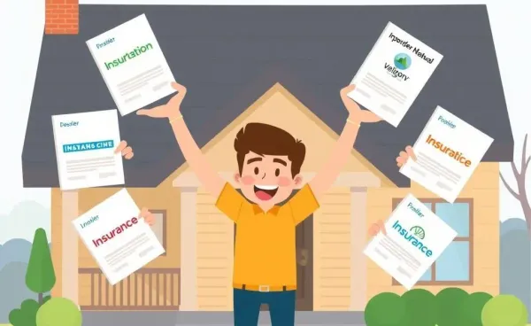 A person juggling multiple insurance policies in front of a house.