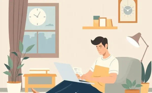 An investor researching dividends on a laptop in a cozy room.