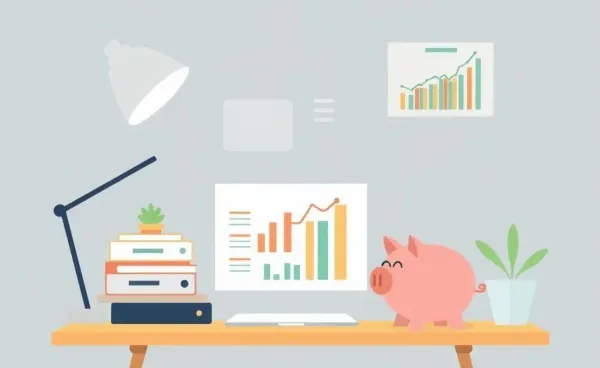 A peaceful desk layout displaying investment charts and a piggy bank, symbolizing dividend growth.