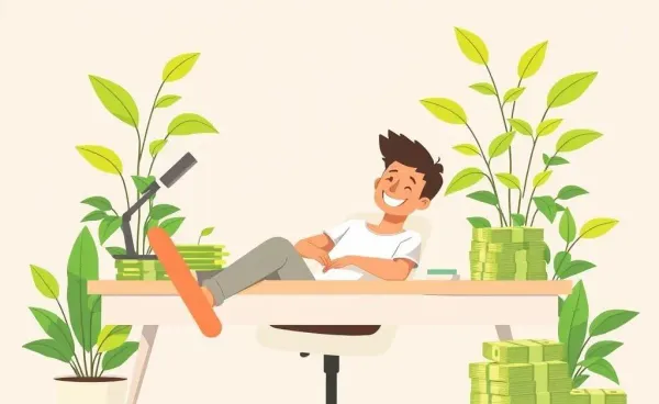 Illustration of a person surrounded by growing money plants, signifying passive income.