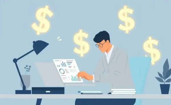 Individual studying investment portfolios on a laptop with financial graphics in the background