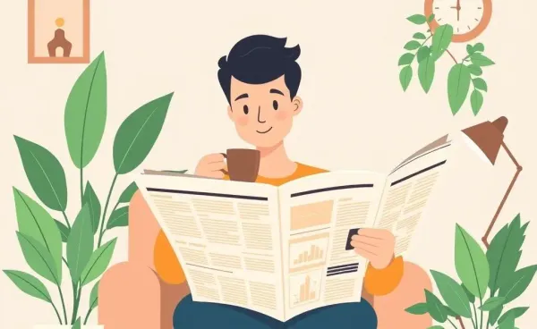 Person reading a financial newspaper in a cozy home office