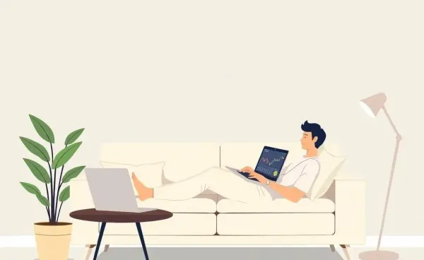 A person looking at stock graphs on a laptop in a cozy living room.