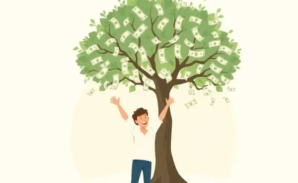 Illustration of a person collecting dividends from a money tree