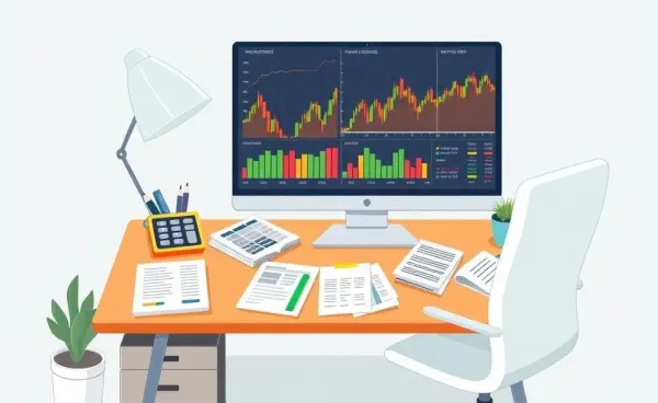 A desk with financial reports and stock charts, depicting dividend myths.