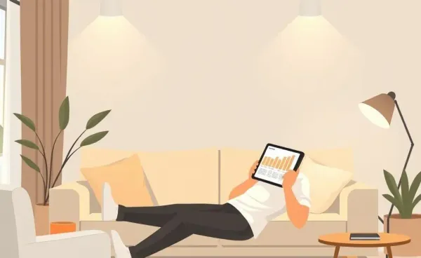 Person comfortably investing using a tablet in a cozy living room