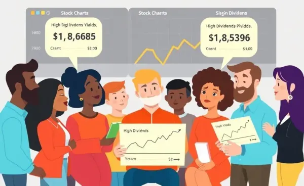 A cartoon-style image showing people discussing stock charts.