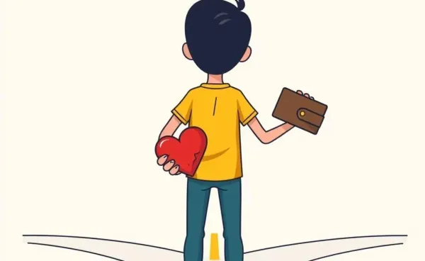 Person at a crossroads with a broken heart and empty wallet