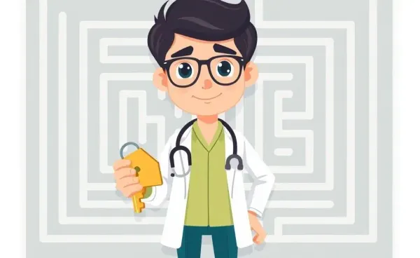 A young doctor holding a house key in front of a mortgage maze