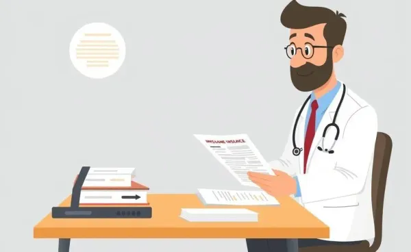 A doctor and a patient discussing health insurance documents