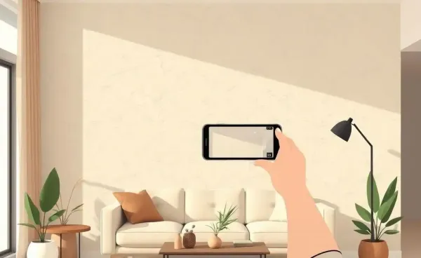 Person documenting home condition in a cozy living room
